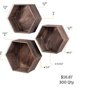 Hexagonal Wooden Wall Shelves - Brown